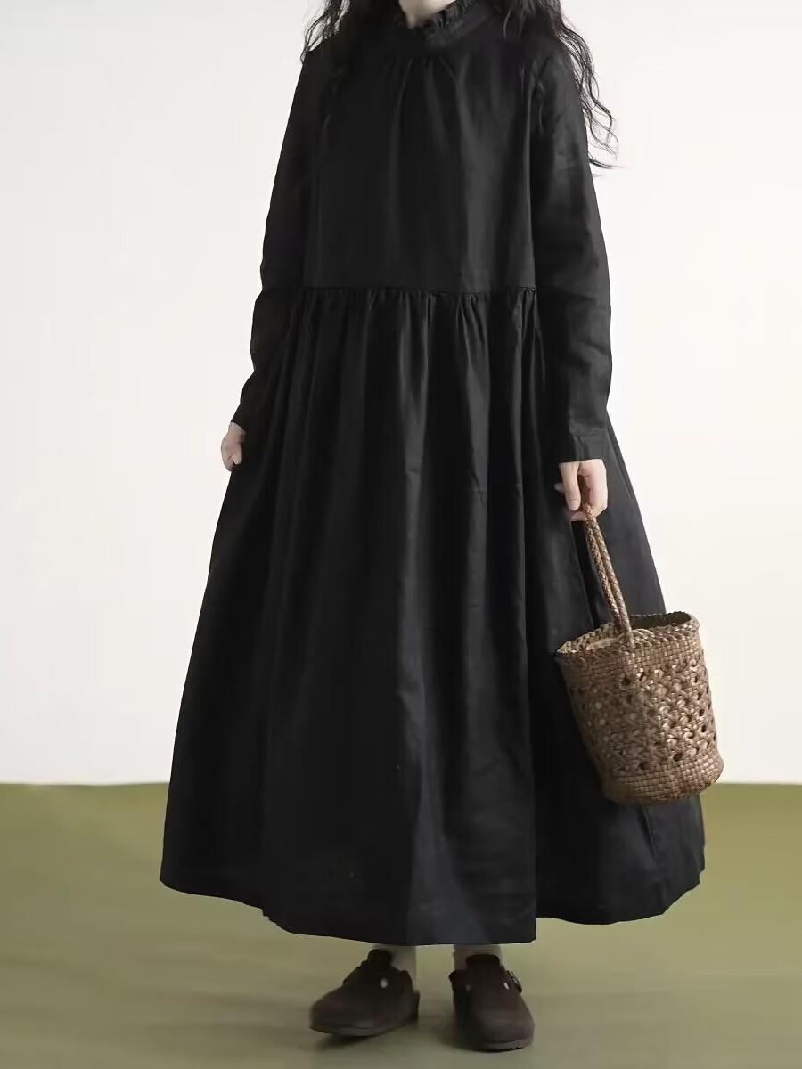 Casual Loose Linen Shirt Dress - 블랙 레이스 칼라 긴팔 리넨 드레스