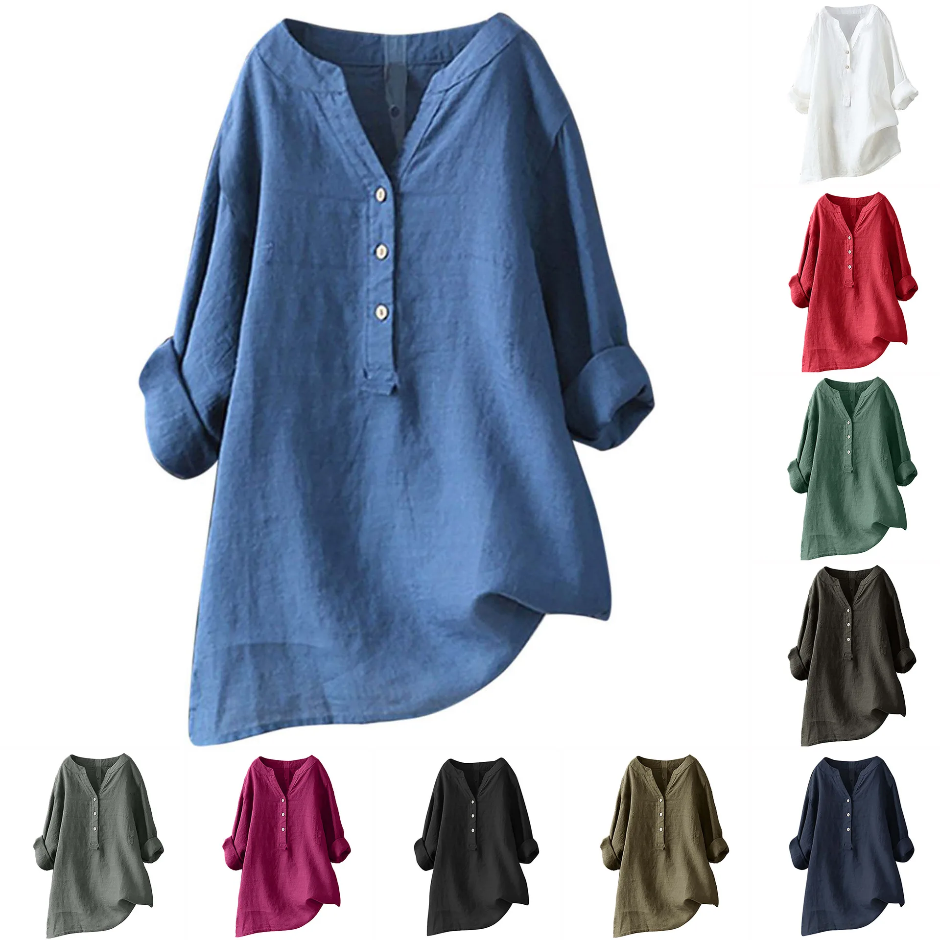 Casual Loose Linen Shirt Dress - 남녀공용 면 혼방 블라우스, 봄/여름용, 버튼