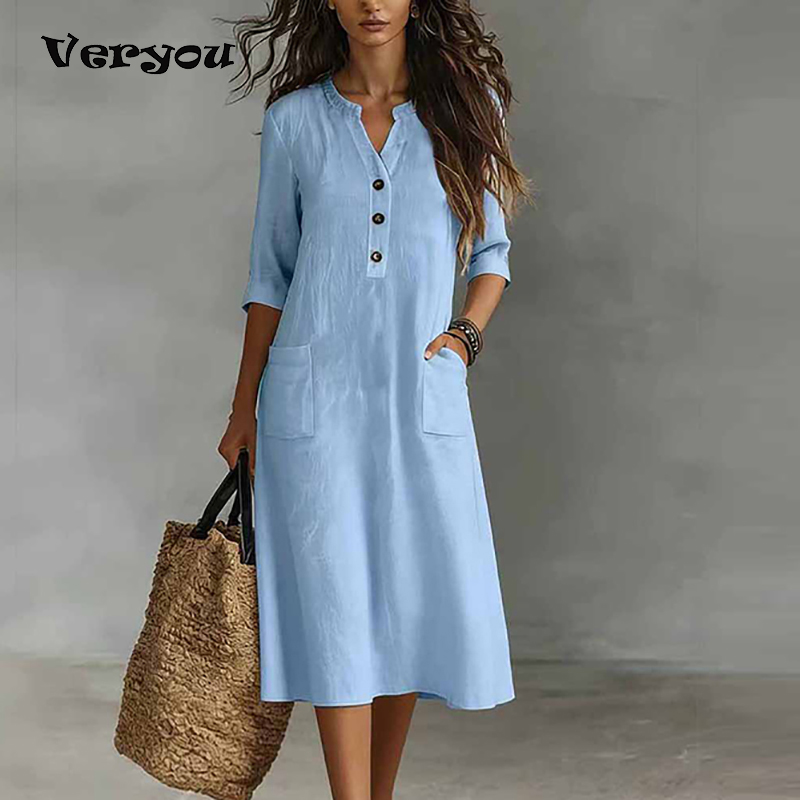 Boho Summer Beach Maxi Dress - 여성 캐주얼 솔리드 컬러 하프 슬리브