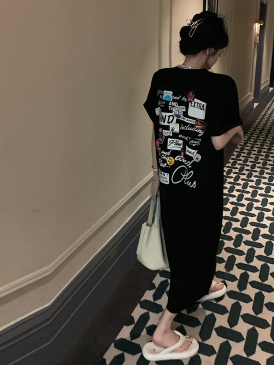 Korean Style A Line Shirt Dress - 블랙 반팔 티셔츠 드레스 여성 여름